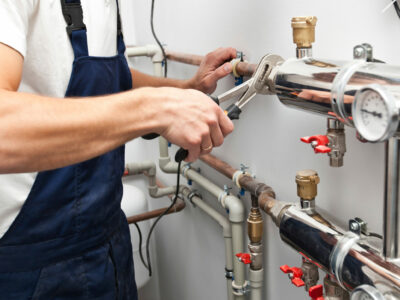 The man is installing the heater system in the house and checking pipes by the wrench